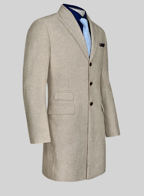 Vintage Herringbone Light Beige Tweed Long Coat - StudioSuits