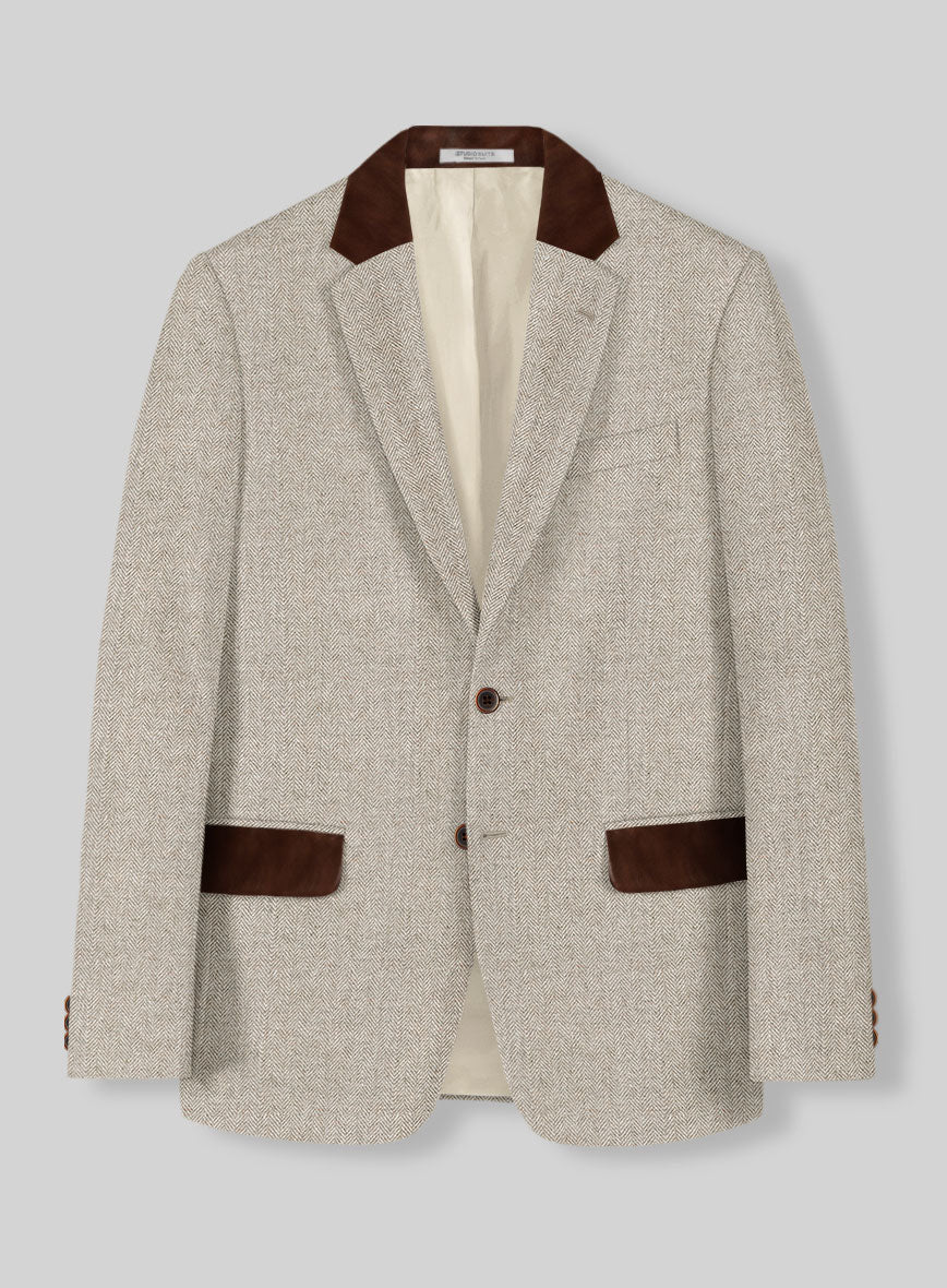 Vintage Herringbone Light Beige Tweed Jacket - Leather Trims - StudioSuits