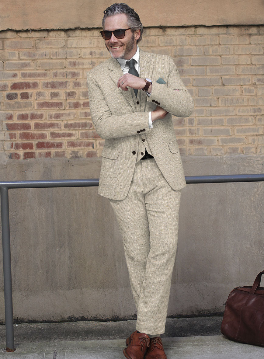 Vintage Herringbone Light Beige Tweed Suit - StudioSuits