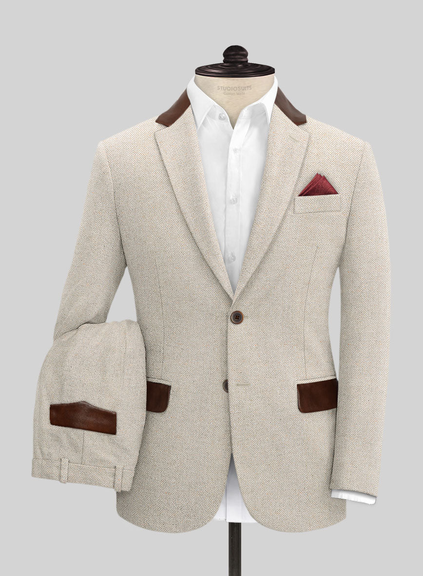 Vintage Herringbone Light Beige Tweed Suit - Leather Trims - StudioSuits