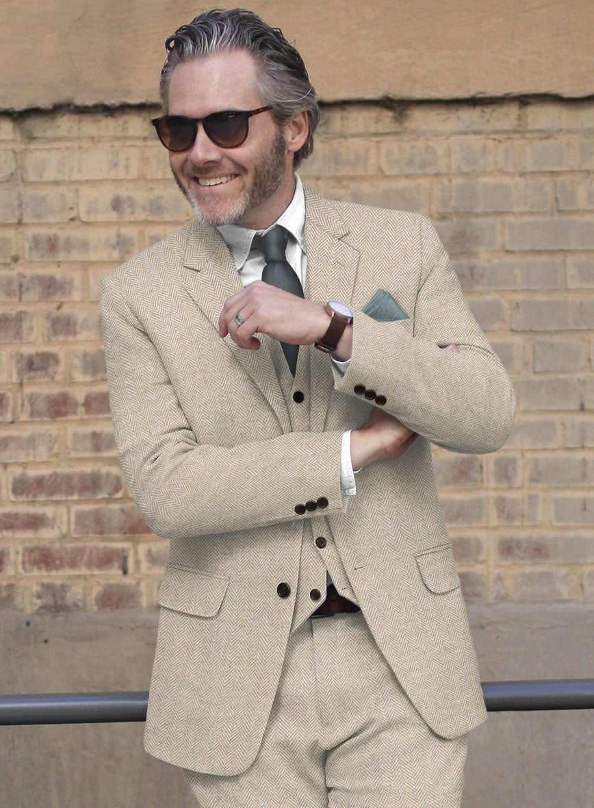 Vintage Herringbone Light Beige Tweed Suit - StudioSuits