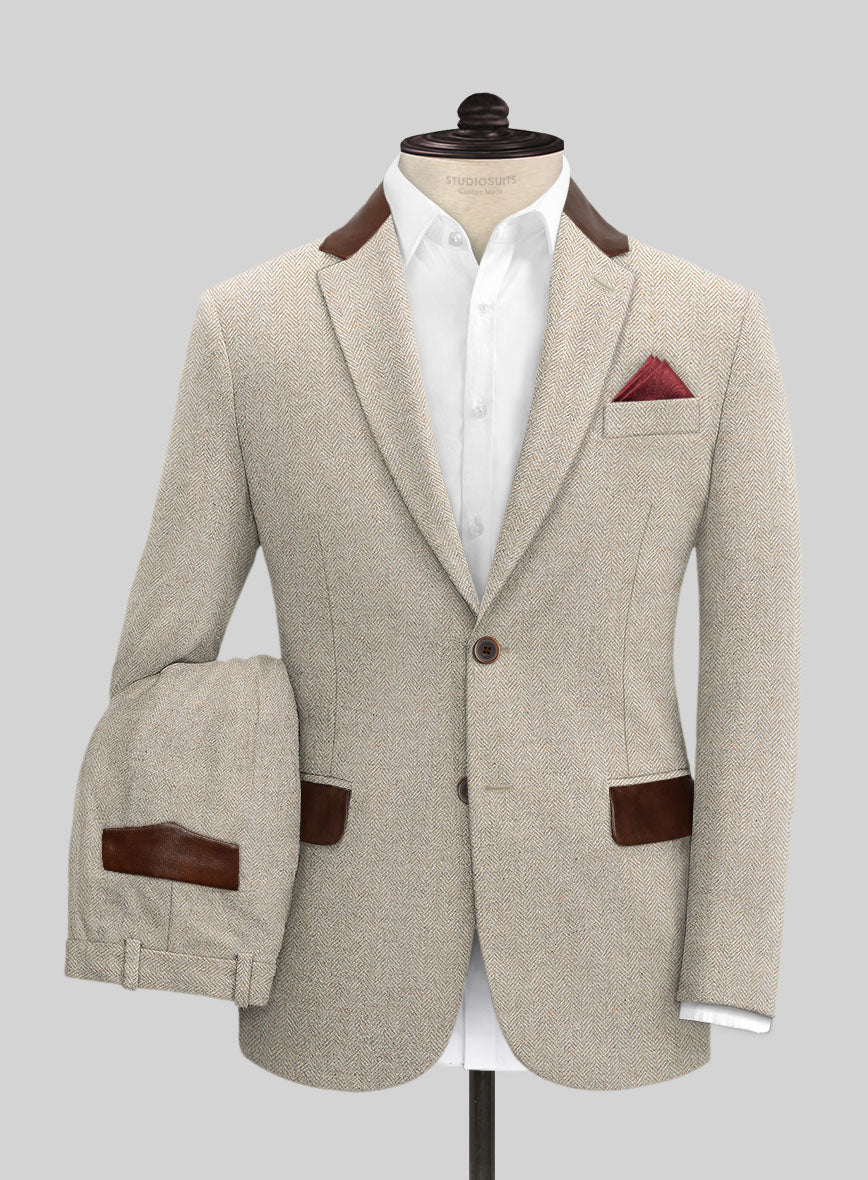 Vintage Herringbone Light Beige Tweed Suit - Leather Trims - StudioSuits