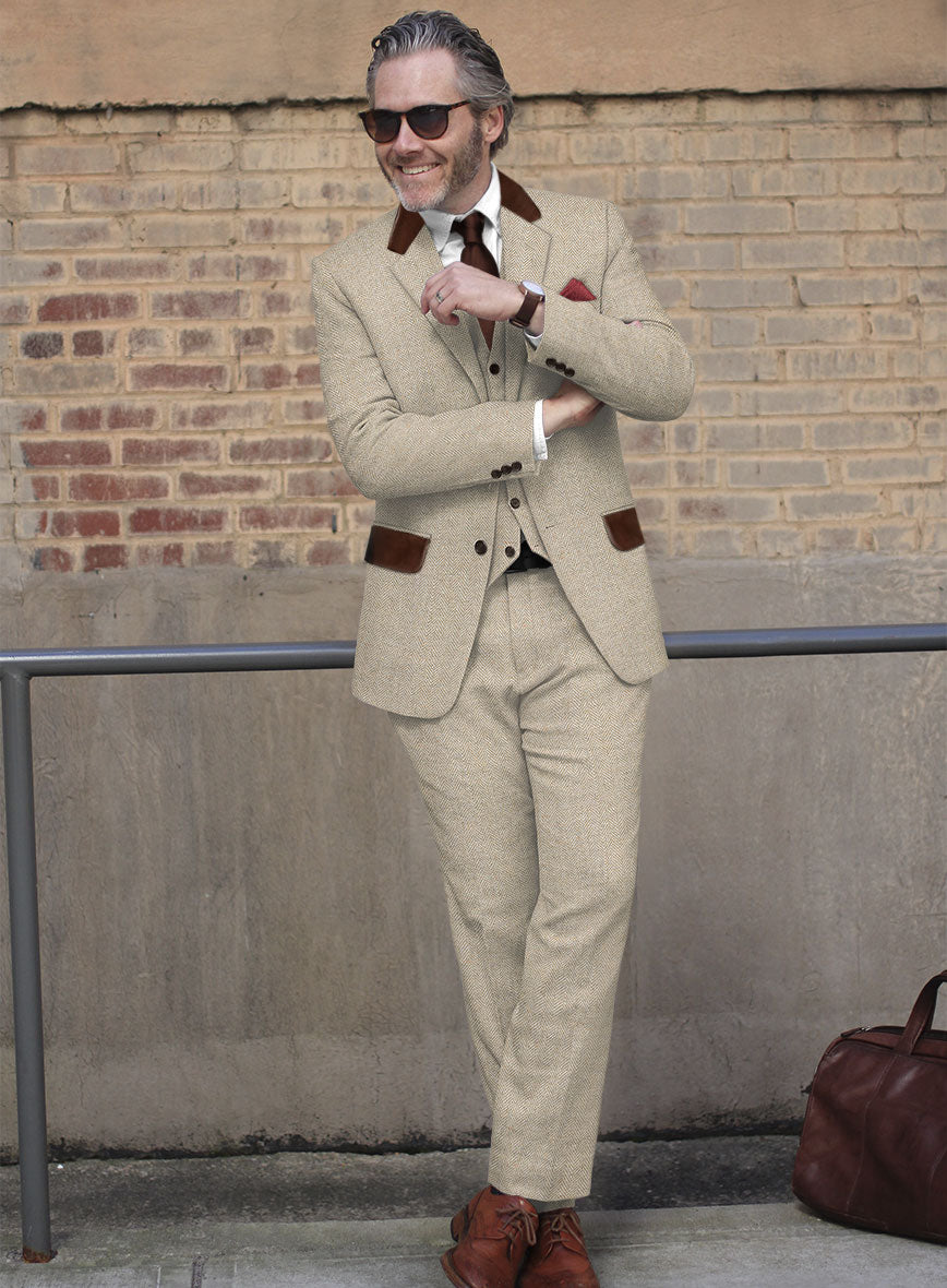 Vintage Herringbone Light Beige Tweed Suit - Leather Trims - StudioSuits