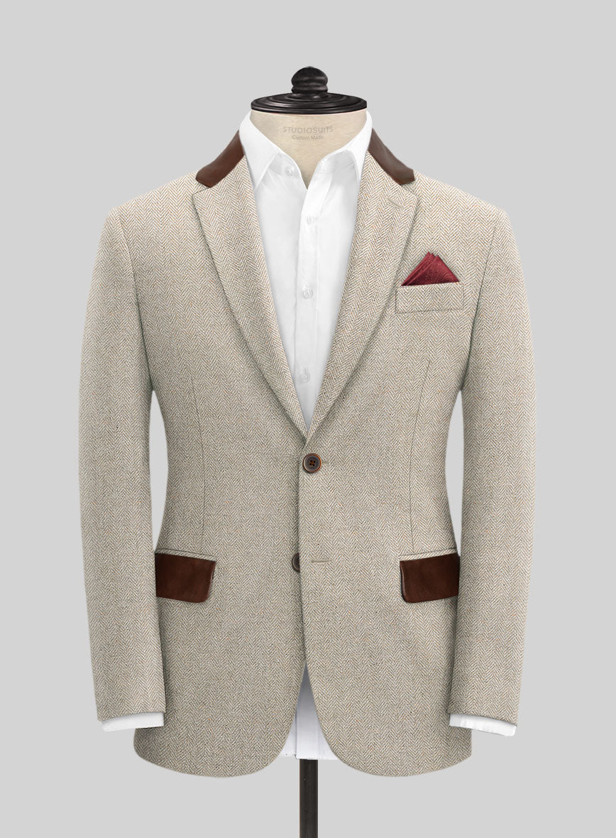 Vintage Herringbone Light Beige Tweed Suit - Leather Trims - StudioSuits