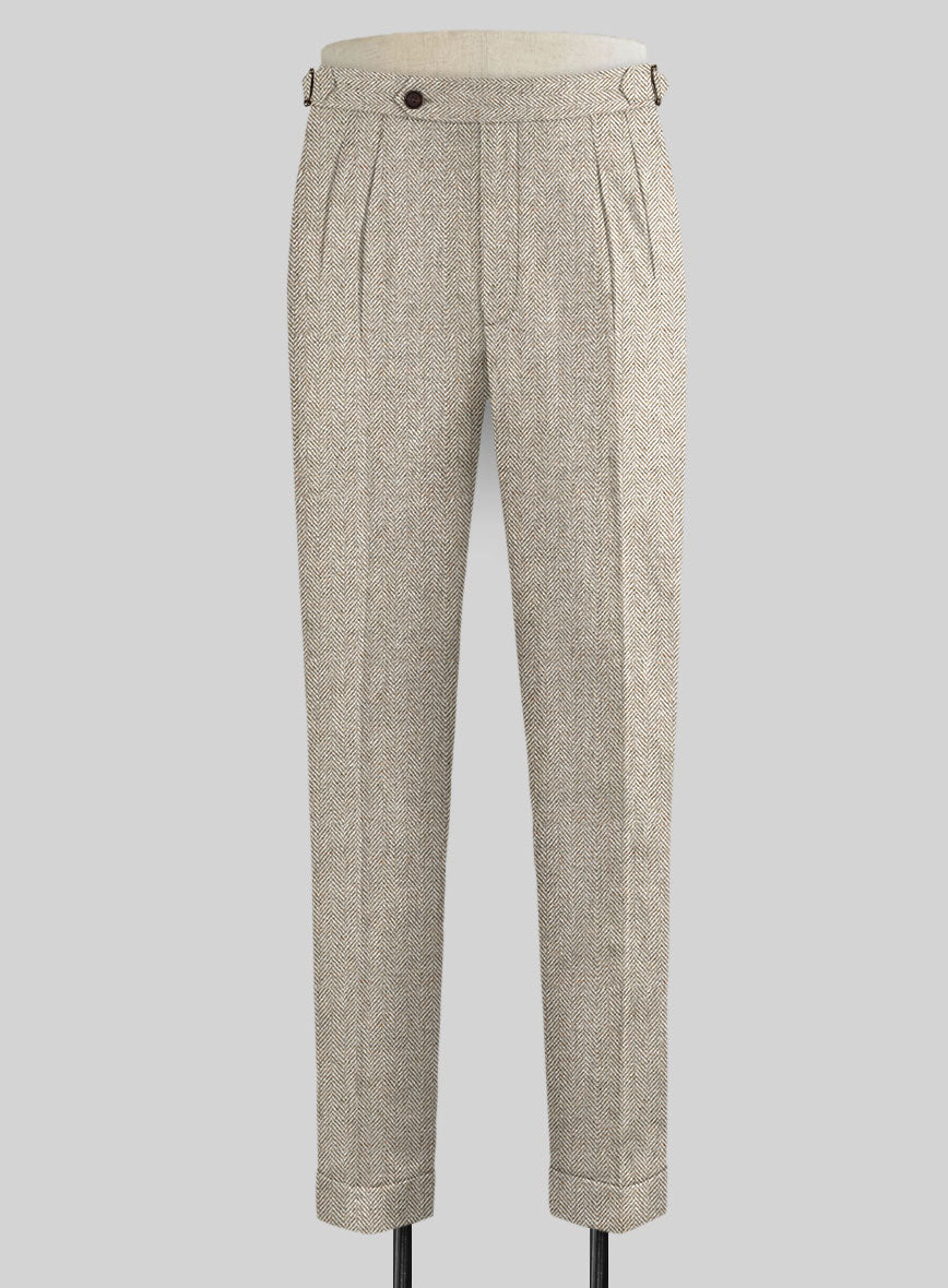 Vintage Herringbone Light Beige Tweed Highland Trousers - StudioSuits