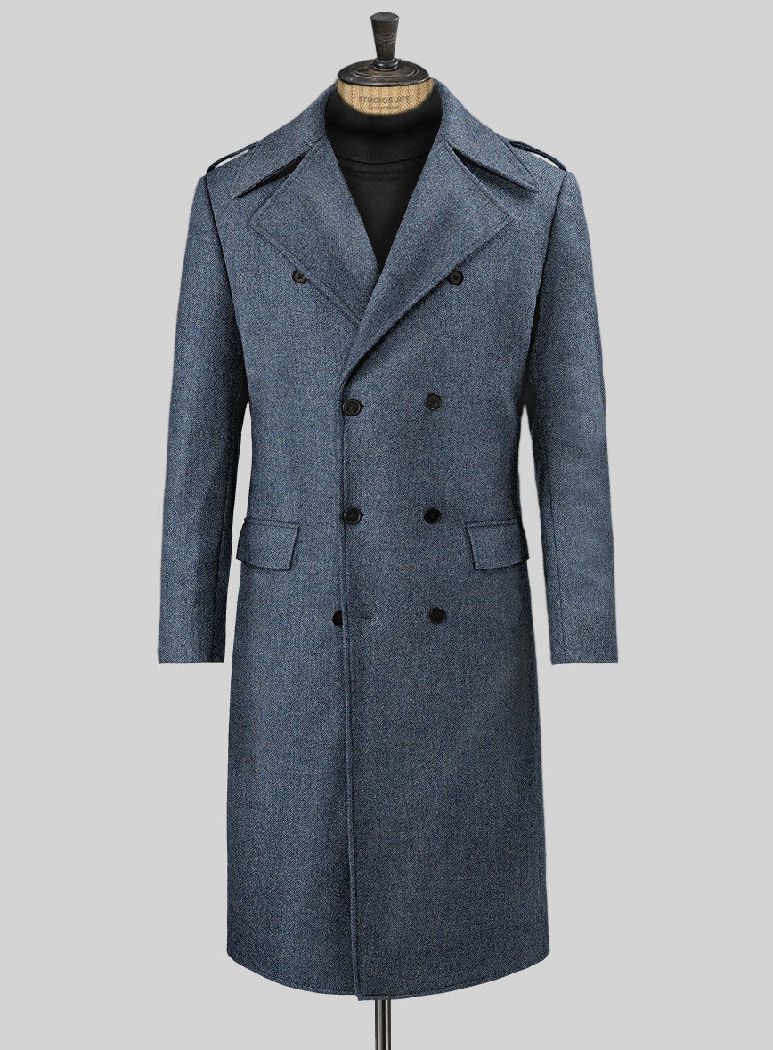 Vintage Herringbone Blue Tweed GQ Overcoat - StudioSuits