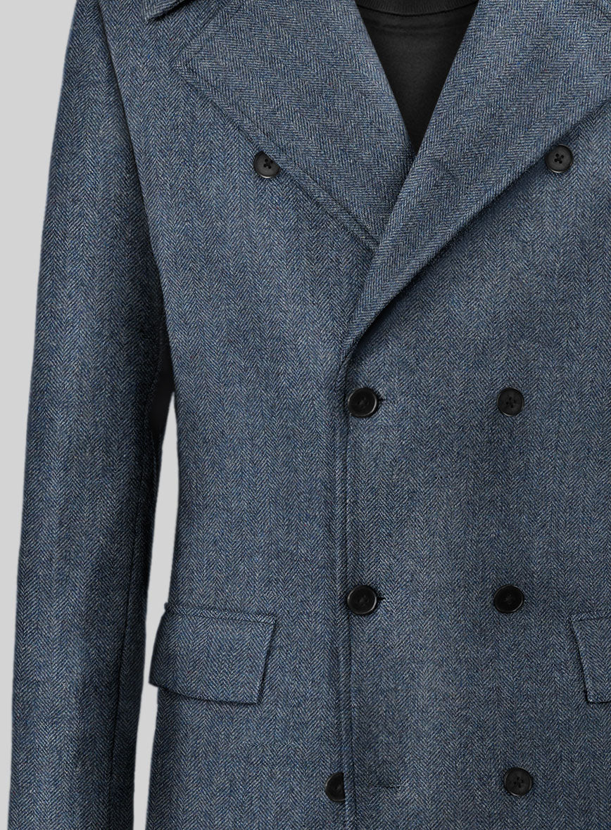 Vintage Herringbone Blue Tweed GQ Overcoat - StudioSuits