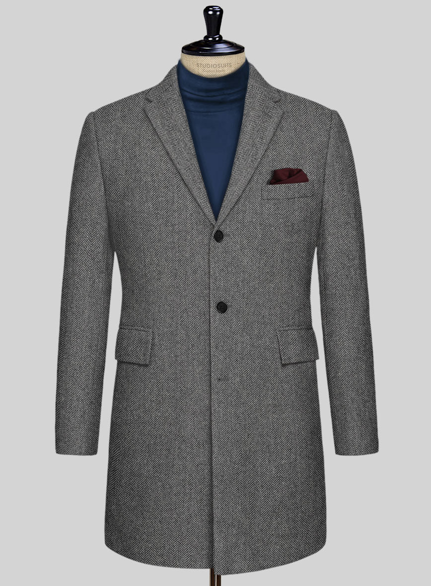 Vintage Herringbone Gray Tweed Overcoat - StudioSuits