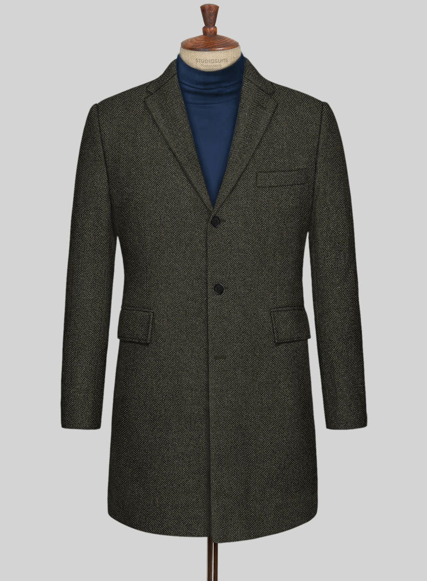 Vintage Flat Green Herringbone Tweed Overcoat - StudioSuits