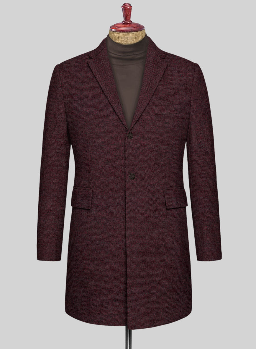 Wine Herringbone Tweed Overcoat