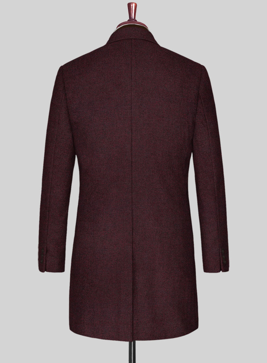 Wine Herringbone Tweed Overcoat