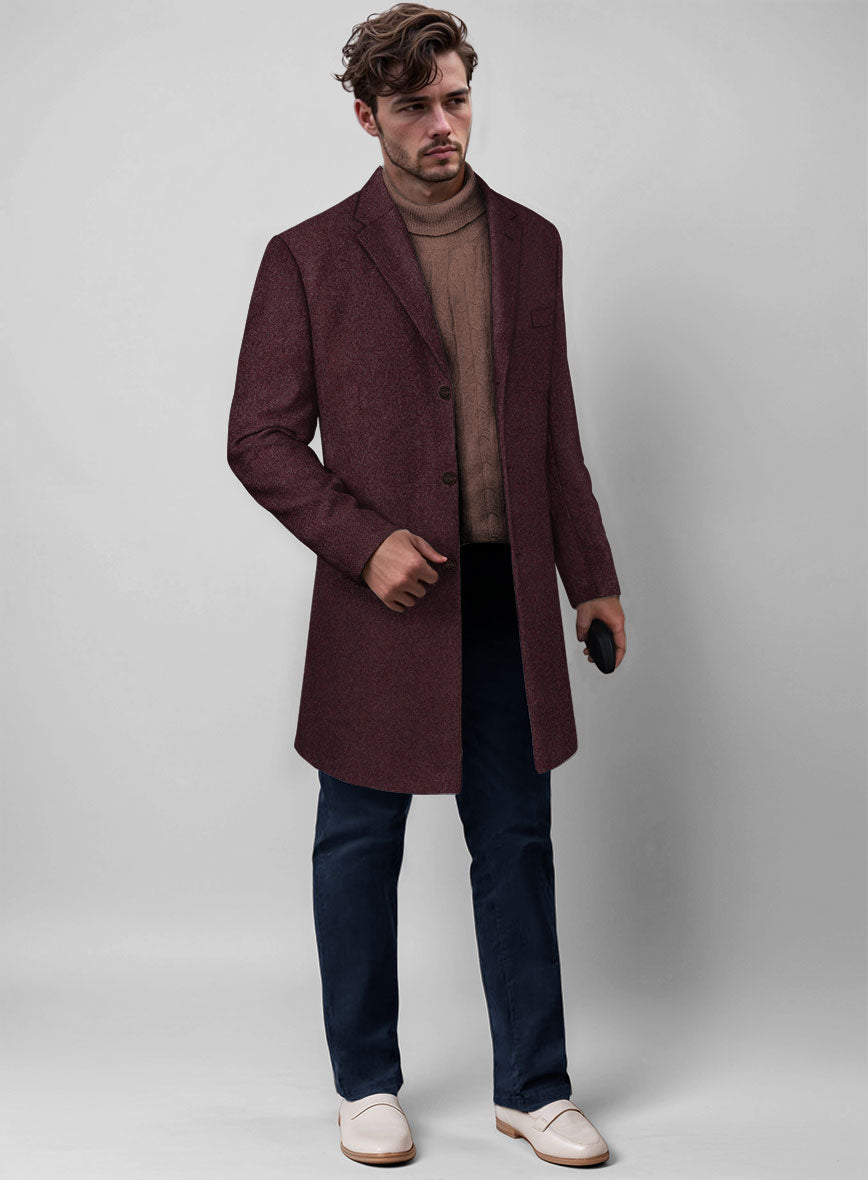 Wine Herringbone Tweed Overcoat