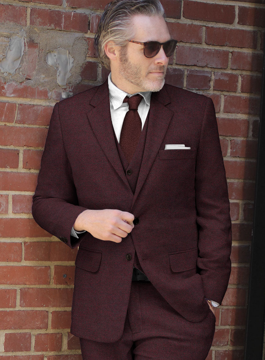 Wine Herringbone Tweed Suit - StudioSuits