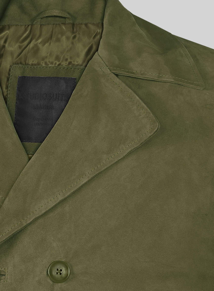 Woodland Green Suede Leather Pea Coat - StudioSuits