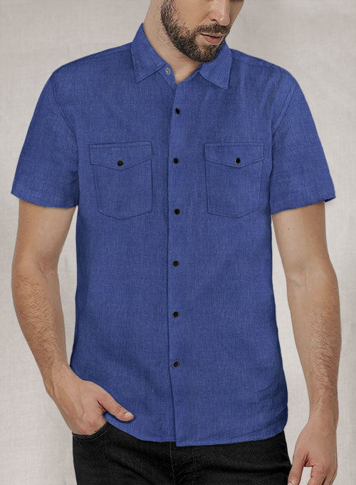 European Cruise Blue Linen Western Style Shirt - StudioSuits