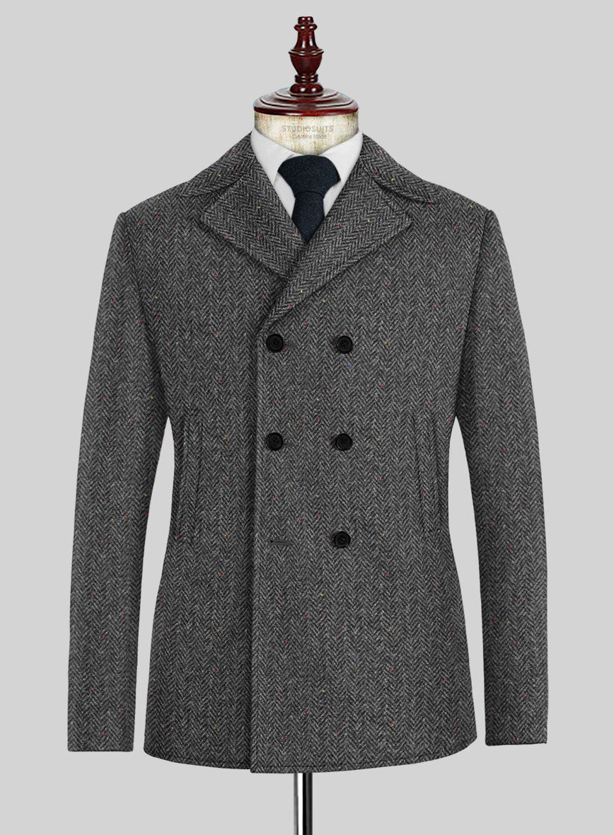 Harris Tweed Charcoal Chevron Pea Coat - StudioSuits