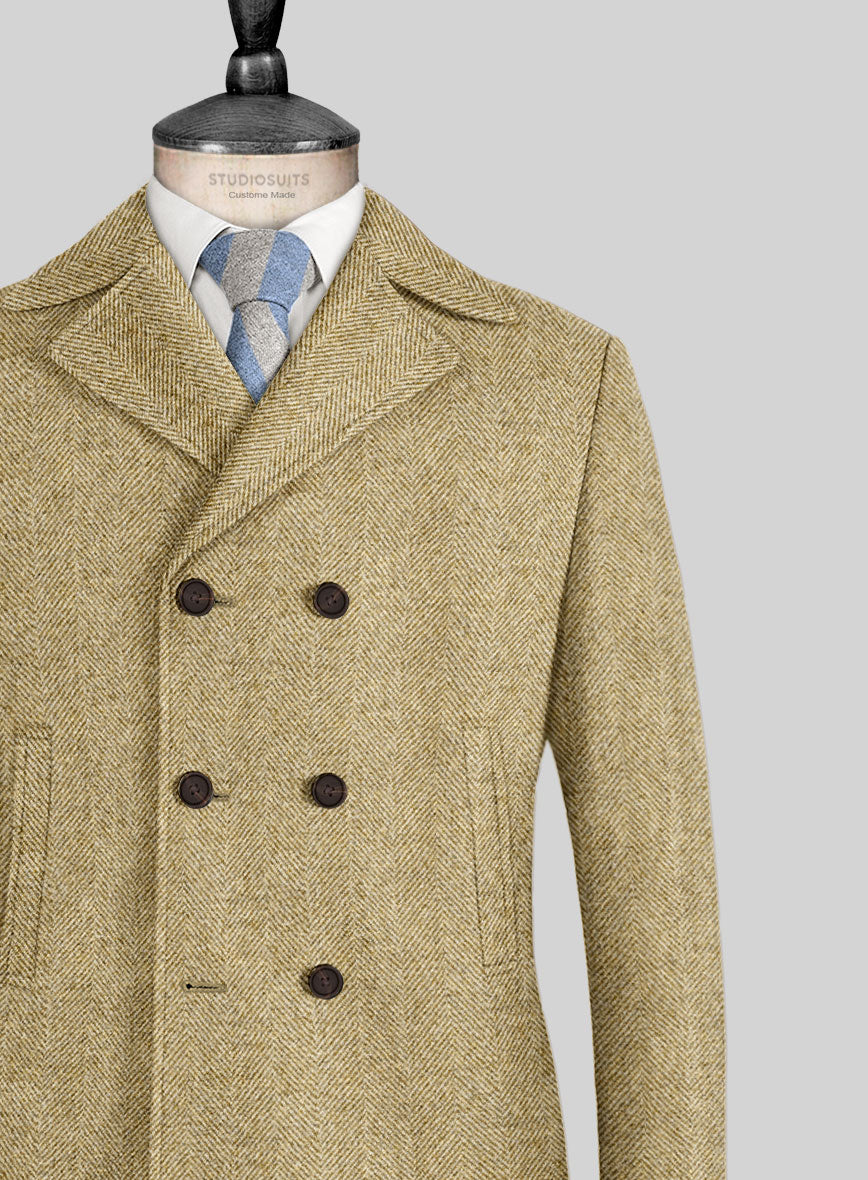 Highlander Heavy Beige Herringbone Tweed Pea Coat - StudioSuits