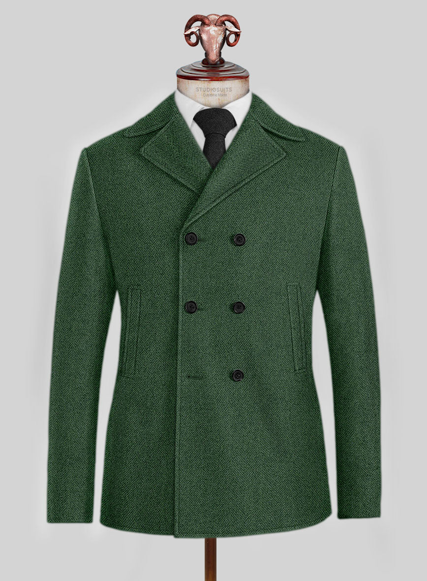 Highlander Heavy Green Herringbone Tweed Pea Coat - StudioSuits