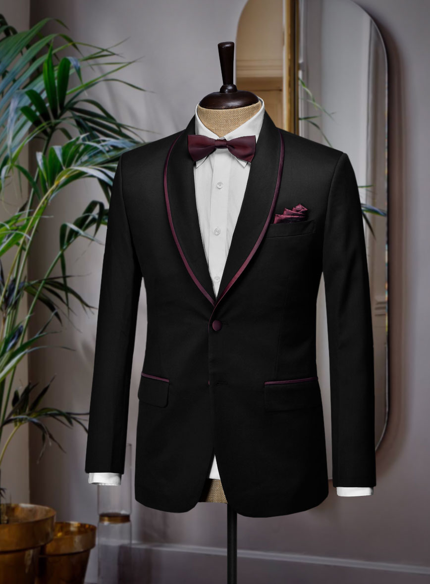 Italian Style Black Wool Tuxedo Suit - Wine Satin Trim II