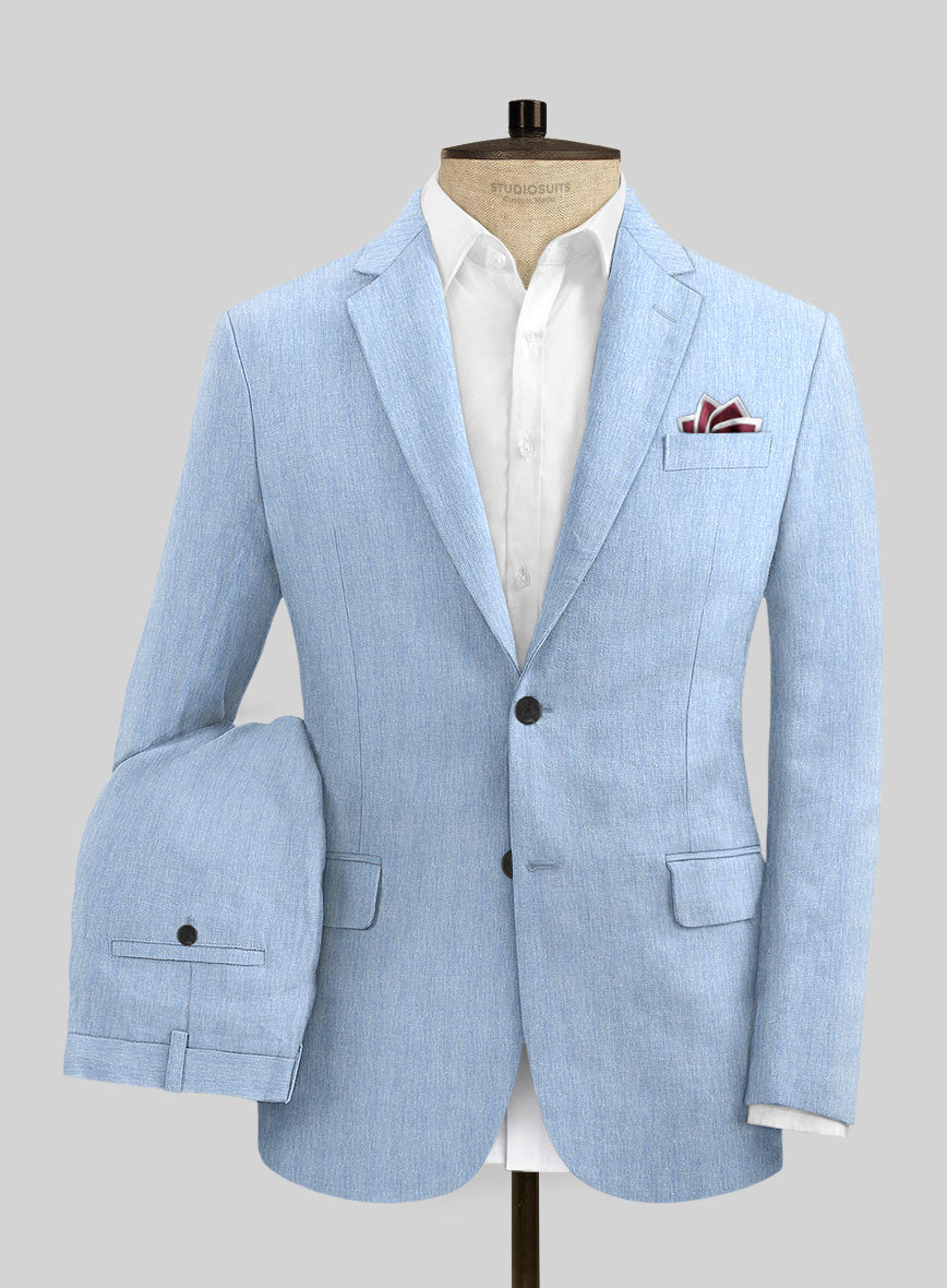 Italian Prato Blue Herringbone Linen Suit - StudioSuits