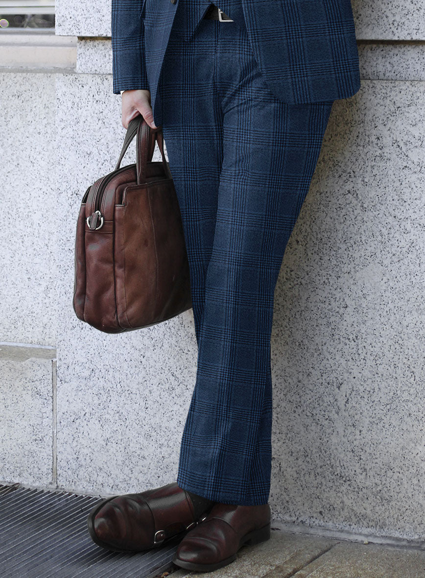 Reda Marine Blue Checks Wool Pants - StudioSuits