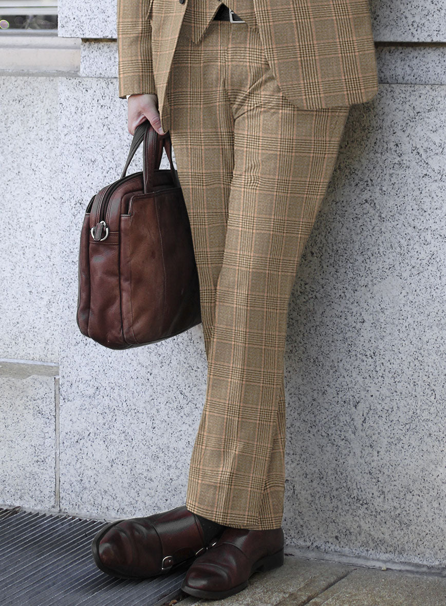 Reda Pale Brown Checks Wool Pants - StudioSuits